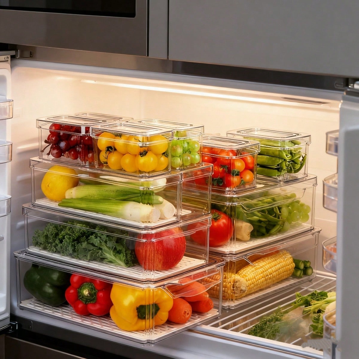 Commercial Kitchen Fridge - 7個セットの積み重ね可能な冷蔵庫用オーガナイザービン、モダンな透明プラスチック製冷蔵庫収納容器セット、蓋付き、取り外し可能な水切りトレイ付き、果物、野菜、キッチン、冷凍庫、パントリー、カウンタートップ用、新築祝いのギフトに最適