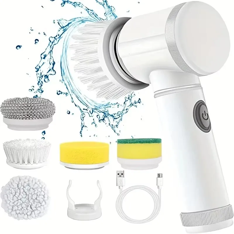 Commercial Kitchen Cleaning - 新しいコードレススピンスクラバー、電動充電式、5 in 1ブラシヘッド付き、浴室、キッチン、タイル、目地、シャワー、車のディープクリーニングに