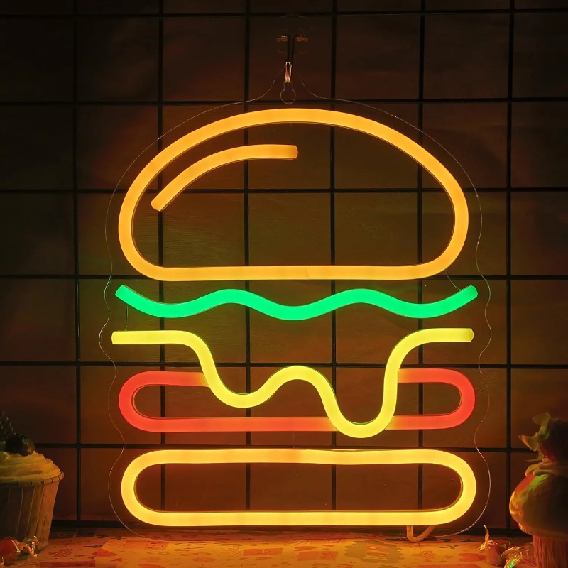 Commercial Kitchen Ideas - バーガーネオンサイン、重ねチーズLEDライト付き、ファーストフードレストラン、バー、壁飾り、鮮やかな家のキッチン、カフェの装飾、ギフトに最適