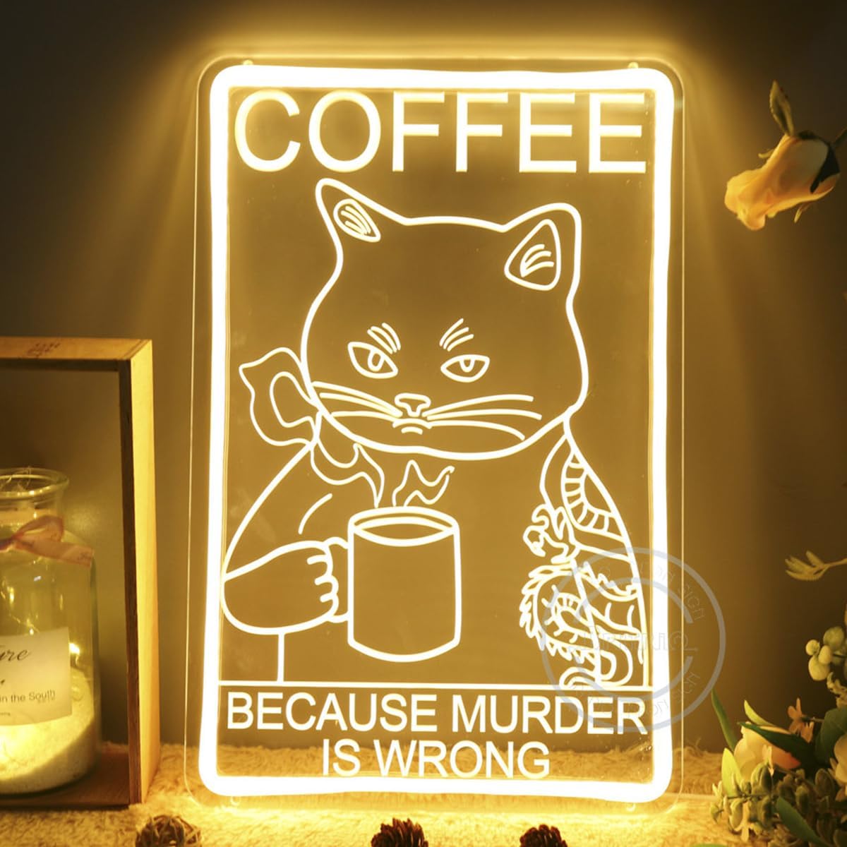 面白い猫のコーヒーネオンサイン LEDウォールアート USB - Commercial Kitchen Quotes のレビューと価格