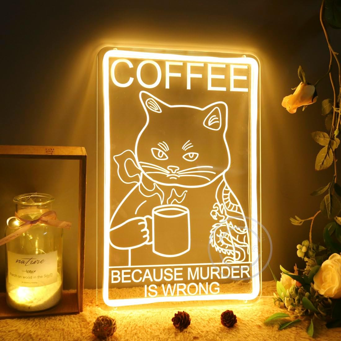 面白い猫のコーヒーネオンサイン LEDウォールアート USB - Commercial Kitchen Quotes のレビューと価格