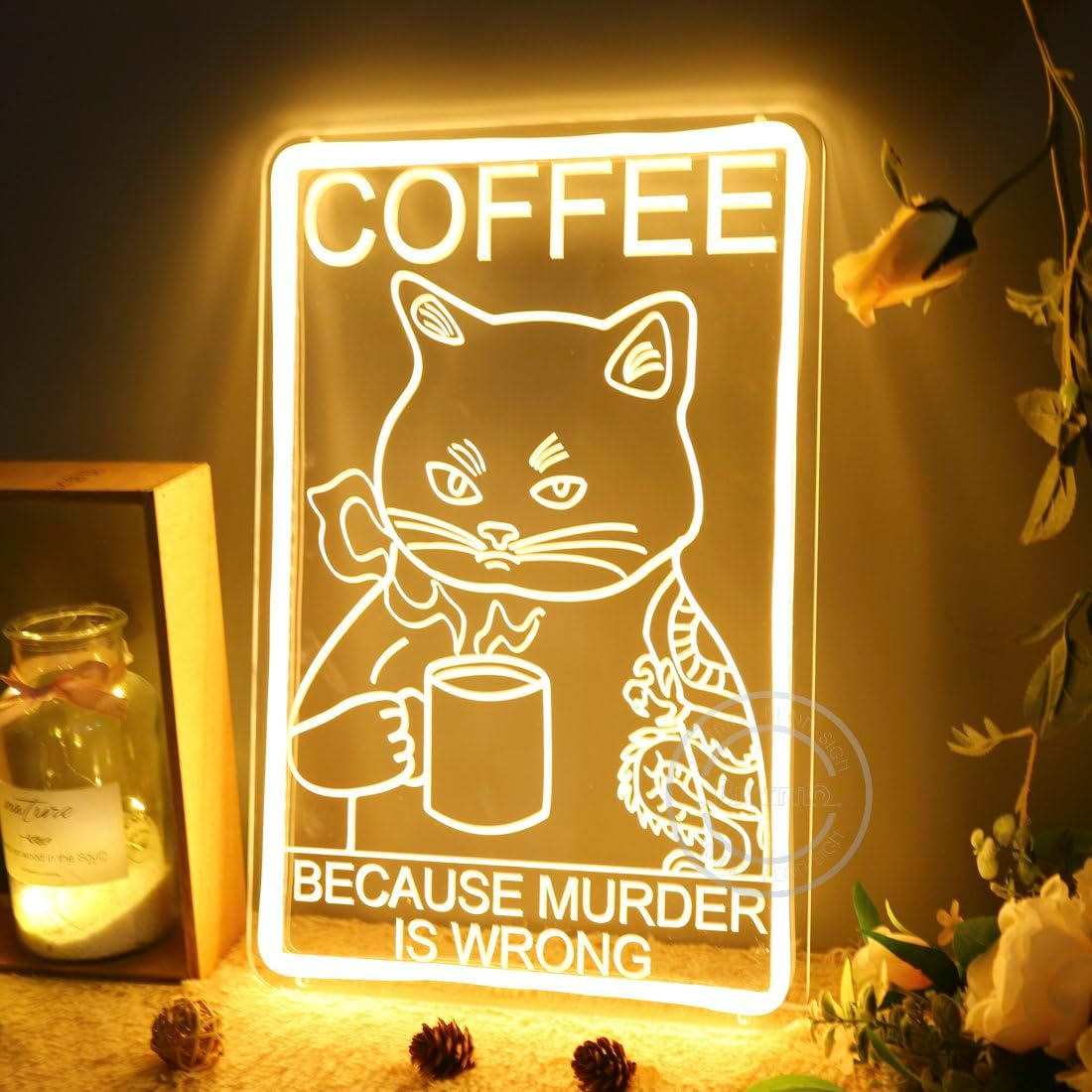 面白い猫のコーヒーネオンサイン LEDウォールアート USB - Commercial Kitchen Quotes のレビューと価格
