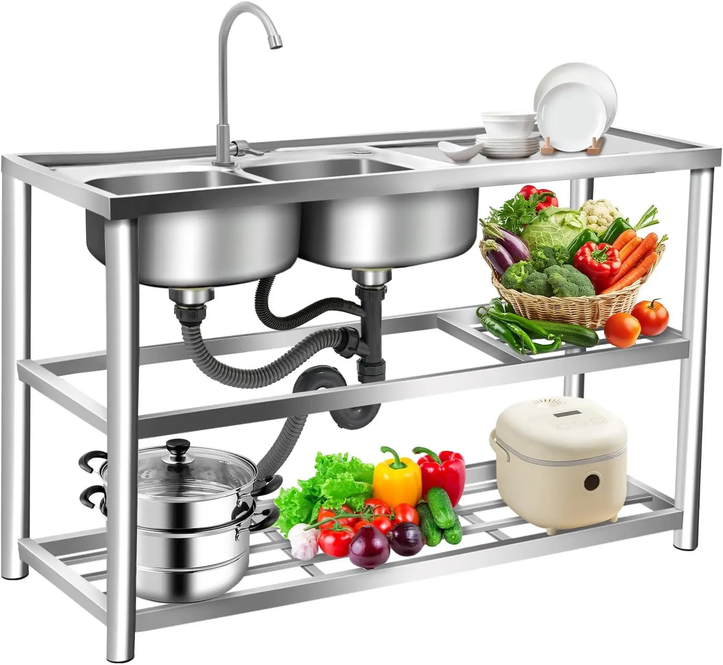 3段式自立型ステンレス製シンク、ダブルボウル業務用レストラン - Commercial Kitchen Sink のレビューと価格